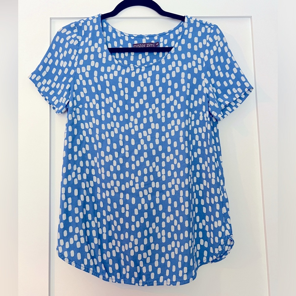 Mister Zimi Light-blue and White dots short sleeved blouse, Size AU 6 (US 2)